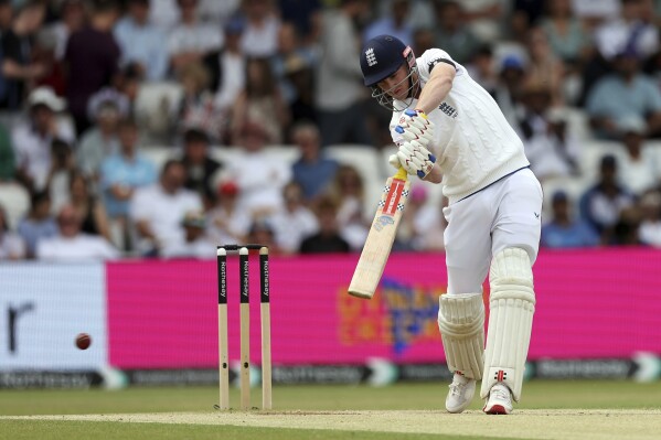 England's Harry Brook plays a shot day three of the first cricket test match between England and India at Headingley in Leeds, England, Sunday, June. 22, 2025. (AP Photo/Scott Heppell)