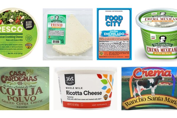 This image provided by the U.S. Centers for Disease Control and Prevention on Tuesday, Feb. 6, 2024 shows brands of cheese recalled due to a decade-long outbreak of listeria food poisoning that killed two people and sickened more than two dozen. More foods are being recalled in the wake of a deadly outbreak of listeria food poisoning. They include snack foods that may be part of Super Bowl Sunday party menus. Seven-layer bean dip, chicken enchiladas, cilantro salad dressing and taco kits sold at stores including Costco, Trader Joe鈥檚 and Albertson鈥檚 are part of the growing recalls of products made by Rizo Lopez Foods, Inc., of Modesto, California, federal health officials announced on Thursday, Feb. 8, 2024. (CDC via AP)
