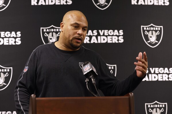 Las Vegas Raiders head coach Antonio Pierce speaks during a news conference after an NFL football game against the New Orleans Saints, Sunday, Dec. 29, 2024, in New Orleans. (AP Photo/Butch Dill)
