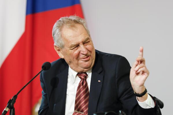 FILE - In this Thursday, June 10, 2021 file photo, the President of the Czech Republic Milos Zeman addresses the media during a joint press conference after their meeting at the Hofburg palace with the Austrian President Alexander Van der Bellen in Vienna, Austria. Czech President Milos Zeman was hospitalized on Tuesday Sept. 14, 2021, while his predecessor Vaclav Klaus was undergoing tests in the same hospital. (AP Photo/Lisa Leutner, File)