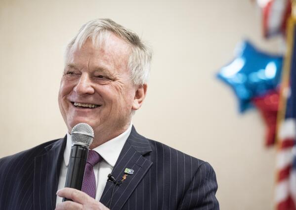 N.C. Treasurer Dale Folwell announces his run for governor during the Forsyth County Republican Party's 2023 Precinct Meeting on Saturday, March. 25, 2023, in Clemmons, N.C. (Allison Lee Isley/The Winston-Salem Journal via AP)