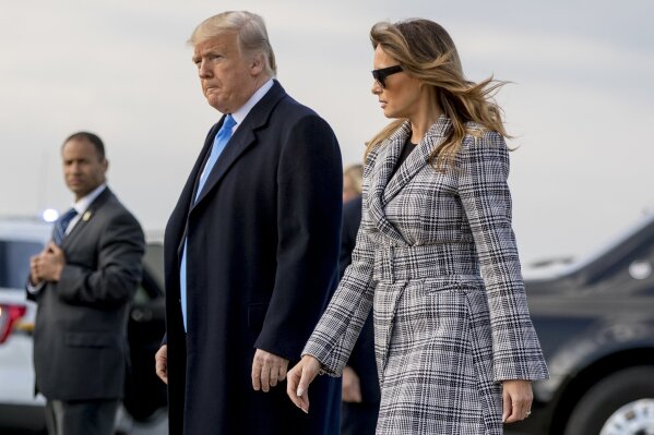 
              President Donald Trump and first lady Melania Trump arrive at Pittsburgh International Airport in Coraopolis, Pa., Tuesday, Oct. 30, 2018, following last weekends shooting at Tree of Life Synagogue in Pittsburgh. (AP Photo/Andrew Harnik)
            