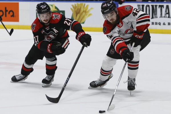 Moose Jaw Warriors' Jagger Firkus (27) tries to steal the puck from Drummondville Voltigeurs' Noah Reinhart (42) during the second period of a Memorial Cup hockey game Tuesday, May 28, 2024, in Saginaw, Mich. (Duane Burleson/The Canadian Press via AP)