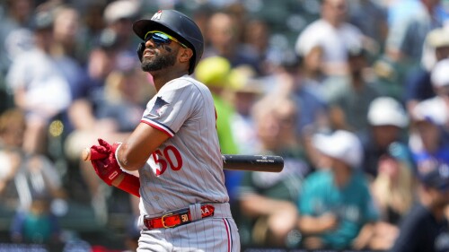 Minnesota Twins' Willi Castro strikes out swinging against the Seattle Mariners during the seventh inning of a baseball game Thursday, July 20, 2023, in Seattle. (AP Photo/Lindsey Wasson)