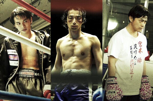 This undated combination image of photos provided by 2020 UNDERDOG FILM PARTNERS shows Takumi Kitamura, from left, Mirai Moriyama and Ryo Katsuji, in the movie sets of “Underdog,” directed by Masaharu Take. Take's films have always focused on painful stories about Japan’s "under-class," people who are often overlooked in a nation stereotyped as monolithically well-to-do. “Underdog” opens the Tokyo International Film Festival, which starts Saturday, Oct. 31, 2020. (2020 UNDERDOG FILM PARTNERS via AP)