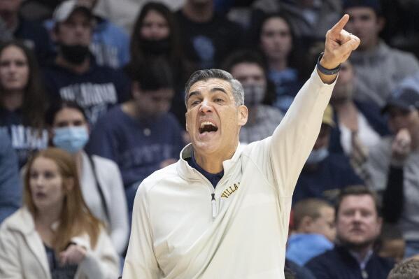 Villanova head coach Jay Wright shouts during the second half of an NCAA college basketball game against Georgetown, Saturday, Feb. 19, 2022, in Villanova, Pa. (AP Photo/Laurence Kesterson)