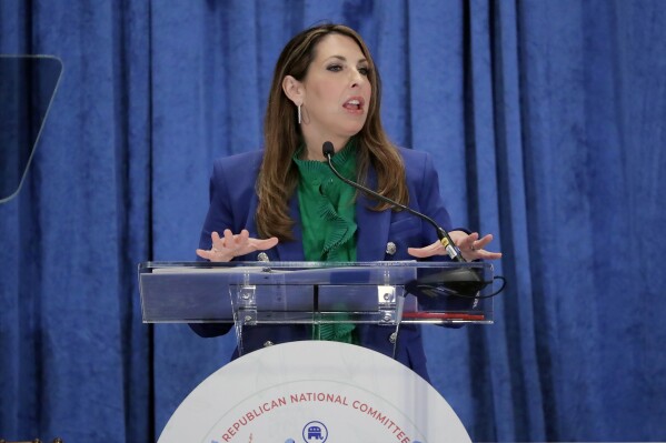 Ronna McDaniel, the outgoing Republican National Committee chairwoman, gives her last speech in the position at the general session of the RNC Spring Meeting Friday, March 8, 2024, in Houston. McDaniel is succeeded as Chairman by Michael Whatley, who won by unanimous voice vote. (AP Photo/Michael Wyke)