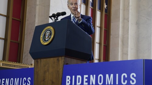 FILE - President Joe Biden delivers remarks on the economy, Wednesday, June 28, 2023, at the Old Post Office in Chicago. Biden has long struggled to neatly summarize his sprawling economic vision. On Wednesday, the president gave a speech on “Bidenomics” in the hopes that the term will lodge in voters’ brains ahead of the 2024 elections. But what is Bidenomics? Let’s just say the White House definition is different from the Republican one — evidence that catchphrases can be double-edged. (AP Photo/Evan Vucci, File)