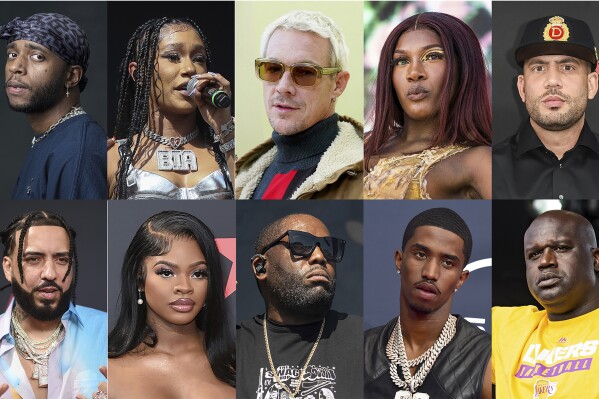 This combination of photos shows, top row from left, 2 Chainz, 6lack, BIA, Diplo, Doechii, DJ Drama and Fat Joe, bottom row from left, Flo Milli, French Montana, JT, Killer Mike, King Combs, Shaq and Soulja Boy. (AP Photo)