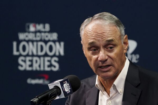 MLB Commissioner, Robert Manfred, speaks during a press conference during a workout day ahead of the MLB London Series Match between the St. Louis Cardinals and Chicago Cubs at the London Stadium, London, Friday June 23, 2023. (Zac Goodwin/PA via AP)