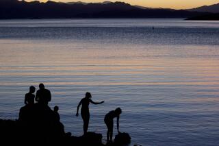 FILE - In this May 27, 2011 file photo, kids fish at twilight at the edge of Kingman Wash, at Lake Mead National Recreation Area in Arizona. Regional health officials say a Las Vegas-area boy died from a rare brain-eating amoeba that investigators think he was exposed to in warm waters at Lake Mead. (AP Photo/Julie Jacobson, File)