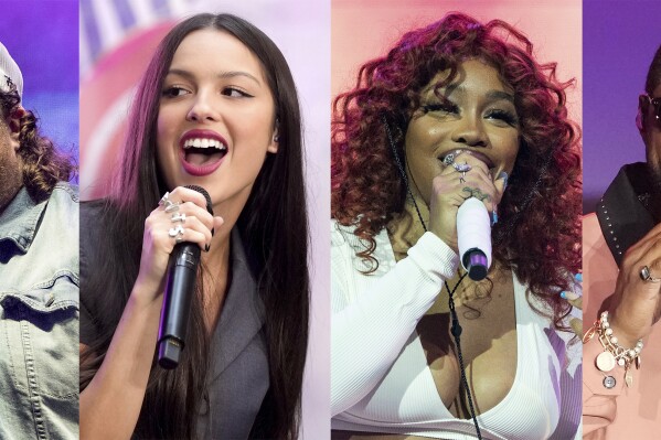 This combination of images shows, from left, Jelly Roll, Olivia Rodrigo, SZA and Usher who will perform at iHeartRadio's 2023 Jingle Ball. (AP Photo)