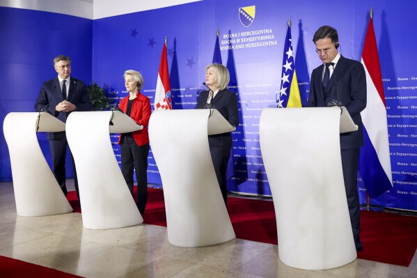 The President of the Council of Ministers of Bosnia and Herzegovina, Borjana Kristo, 2nd right, speaks during a joint press conference with the Prime Minister of the Croatia, Andrej Plenkovic, left, European Commission President Ursula von der Leyen, 2nd left, and the Prime Minister of the Netherlands, Mark Rutte, after their meeting in Sarajevo, Bosnia, Tuesday, Jan. 23, 2024. (AP Photo/Armin Durgut)