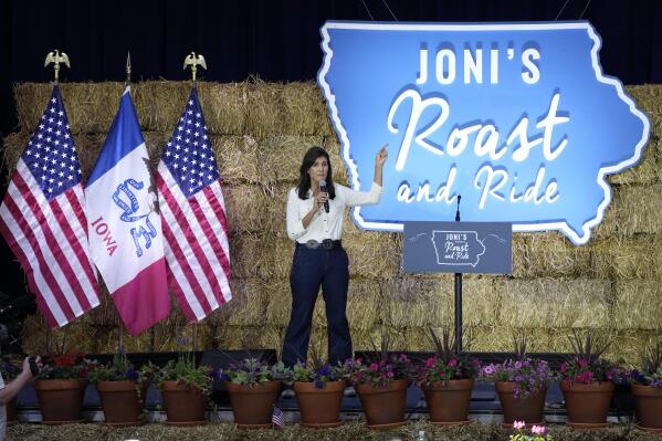 Republican presidential candidate and former U.N. Ambassador Nikki Haley speaks during U.S. Sen. Joni Ernst's Roast and Ride, Saturday, June 3, 2023, in Des Moines, Iowa. (AP Photo/Charlie Neibergall)