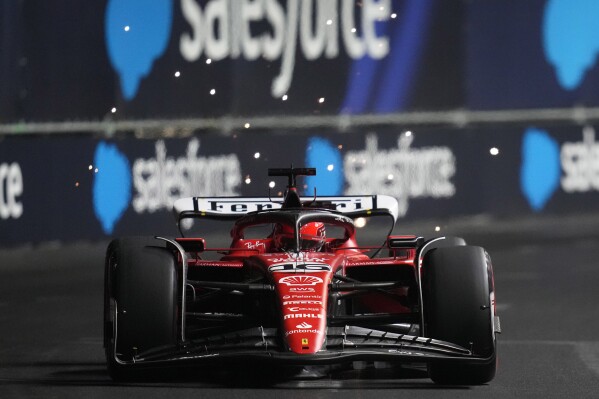 Ferrari driver Charles Leclerc, of Monaco, drives during the final practice session for the Formula One Las Vegas Grand Prix auto race, Friday, Nov. 17, 2023, in Las Vegas. (AP Photo/John Locher)