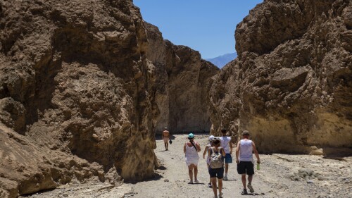 Varios excursionistas regresan a sus vehículos luego de recorrer parte del cañón Golden en el Parque Nacional Valle de la Muerte, California, el martes 11 de julio de 2023. Julio es el mes más caluroso en el parque, con una temperatura máxima promedio de 46,5 grados Celsius (116 grados Fahrenheit). (AP Foto/Ty ONeil)