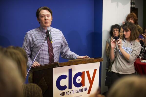 FILE - Clay Aiken, Democratic candidate for U.S. representative of North Carolina's 2nd Congressional District, gives his concession speech in Sanford, N.C., Tuesday, Nov. 4, 2014, after losing to Republican incumbent Renee Ellmers. On Friday, March 4, 2022, North Carolina candidate filing wrapped up for the year's party primaries, the apparent completion of a period split into two intervals by redistricting litigation. Former “American Idol” runner-up Aiken filed to run this week in the heavily Democratic 4th District, joining seven other candidates in the party primary. (Abbi O'Leary/The Fayetteville Observer via AP, File)