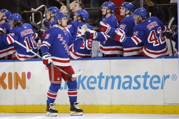 Teammates congratulate New York Rangers left wing Chris Kreider (20) after he scored a goal during the first period of an NHL hockey game against the Nashville Predators, Monday, Dec. 16, 2019, in New York. (AP Photo/Kathy Willens)