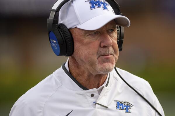 Middle Tennessee State coach Rick Stockstill watches during the first half of the team's NCAA football game against James Madison in Harrisonburg, Va., Saturday, Sept. 3, 2022. (Daniel Lin/Daily News-Record via AP)