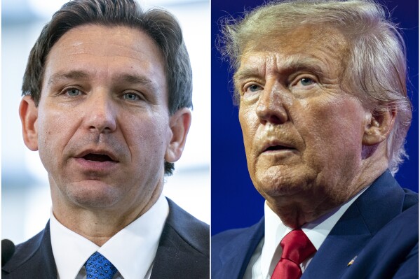 This combination of photos shows Florida Gov. Ron DeSantis speaking on April 21, 2023, in Oxon Hill, Md., left, and former President Donald Trump speaking on March 4, 2023, at National Harbor in Oxon Hill, Md. Trump and DeSantis are set to hold dueling campaign events in New Hampshire on June 27. (AP Photo/Alex Brandon)