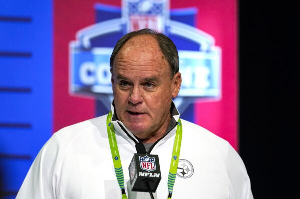 FILE - Pittsburgh Steelers general manager Kevin Colbert speaks during a press conference at the NFL football scouting combine in Indianapolis, Tuesday, March 1, 2022. Colbert is stepping down following the draft after more than two decades with the team. (AP Photo/Michael Conroy, File)