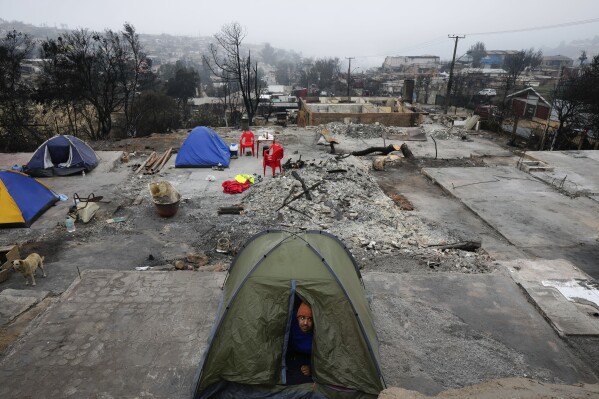 A resident peers from the tent he camped in overnight on the plot where his home stood before it was burned to the ground by a forest fire, in the Villa Independencia neighborhood of Vina del Mar, Chile, Tuesday, Feb. 6, 2024. (AP Photo/Esteban Felix)