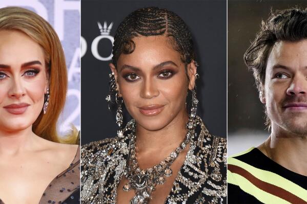 This combination of photos shows top nominees for the Gramy Awards, from left, Adele, Beyonce and Harry Styles. (AP Photo)