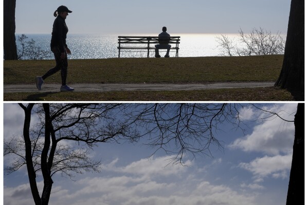 This combination of photos shows the 50 degree change in temperature in Milwaukee over a 24 hour period. The top photo shows people enjoying unseasonably mild temperatures above 70 degrees near Lake Michigan on Tuesday, Feb. 27, 2024. Below shows a runner braving cold weather near 20 degrees at the same location on Wednesday, Feb 28. (AP Photo/Morry Gash)