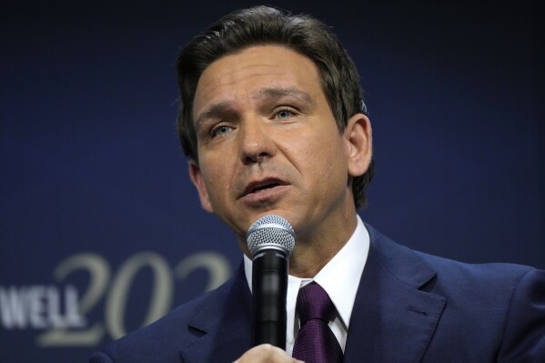 FILE - Republican presidential candidate Florida Gov. Ron DeSantis speaks during the Family Leadership Summit, July 14, 2023, in Des Moines, Iowa. DeSantis was in a car accident Tuesday as he traveled to presidential campaign events in Tennessee but wasn’t injured, his campaign says. (AP Photo/Charlie Neibergall, File)