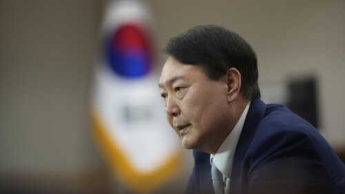 FILE - South Korean President Yoon Suk Yeol speaks during an interview at the presidential office in Seoul, South Korea, on Jan. 10, 2023. Yoon says it’s time to clearly demonstrate a strong international resolve to deter North Korea’s nuclear ambitions, saying he’ll discuss how to cope with the North’s advancing arsenal with NATO leaders this week. (AP Photo/Lee Jin-man, File)