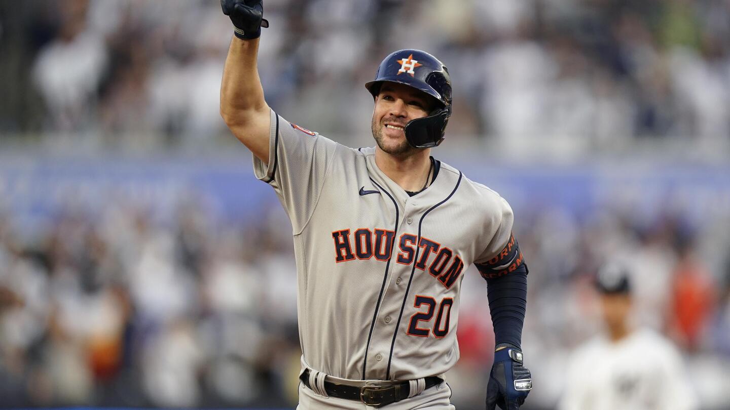 Houston Astros pitcher Bryan Abreu celebrates at the end of a