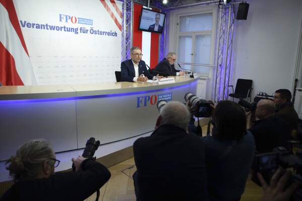 The leader of Austria's Freedom Party, Herbert Kickl, addresses a news conference, in Vienna, Austria, Tuesday, Jan 7, 2025. Herbert Kickl received a mandate Monday to try to form a new government (AP Photo/Heinz-Peter Bader)
