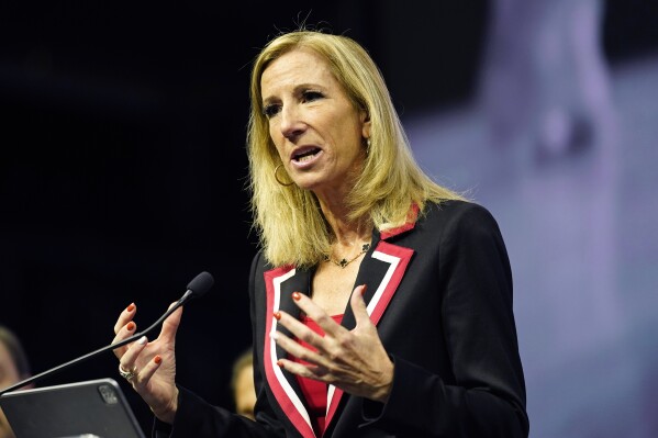 WNBA Commissioner Cathy Engelbert announces an expansion franchise for the San Francisco Bay Area at Chase Center in San Francisco, Thursday, Oct. 5, 2023. The team will begin play in the 2025 season. (AP Photo/Eric Risberg)