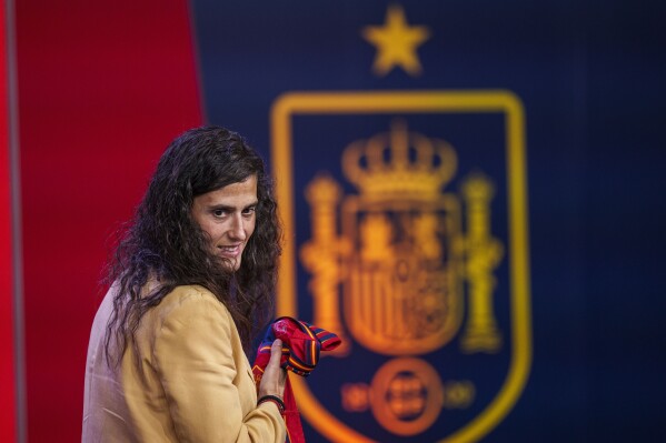 Spain's new women's national team coach Montse Tome, looks on during her official presentation at the Spanish soccer federation headquarters in Las Rozas, just outside of Madrid, Spain, Monday, Sept. 18, 2023. Tome replaced Jorge Vilda less than three weeks after Spain won the Women's World Cup title and amid the controversy involving suspended federation president Luis Rubiales who has now resigned. (AP Photo/Manu Fernandez)