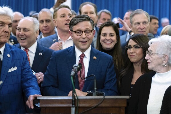 Rep. Mike Johnson, R-La., speaks after he was chosen as the Republicans latest nominee for House speaker at a Republican caucus meeting at the Capitol in Washington, Tuesday, Oct. 24, 2023. (AP Photo/Jose Luis Magana)