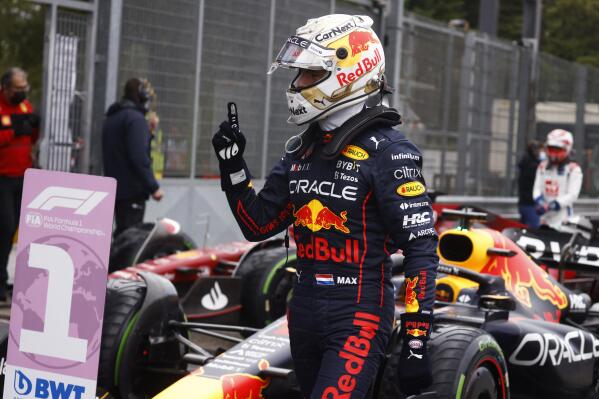 Red Bull driver Max Verstappen of the Netherlands reacts after clocking a fastest time during the qualifying session for Sunday's Emilia Romagna Formula One Grand Prix, at the Dino and Enzo Ferrari racetrack in Imola, Italy, Friday, April 22, 2022. (Guglielmo Mangiapane, Pool via AP)