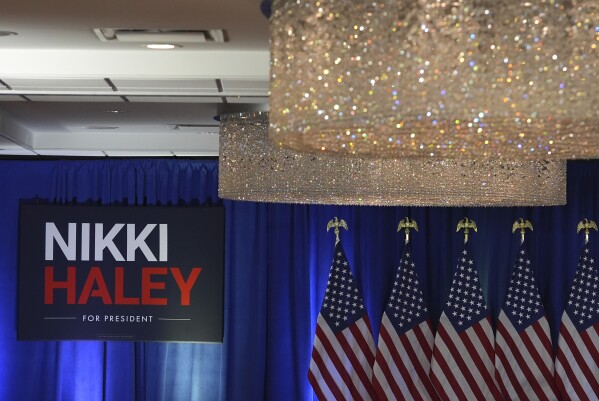 A caucus night watch party for Republican presidential candidate former UN Ambassador Nikki Haley is in place in West Des Moines, Iowa, Monday, Jan. 15, 2024. (AP Photo/Abbie Parr)