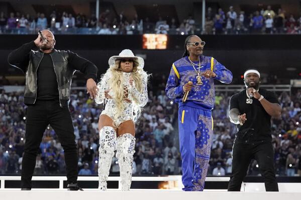 Dr. Dre from left, performs with Mary J. Blige, Snoop Dogg and 50 Cent during halftime of the NFL Super Bowl 56 football game between the Los Angeles Rams and the Cincinnati Bengals Sunday, Feb. 13, 2022, in Inglewood, Calif. (AP Photo/Chris O'Meara)