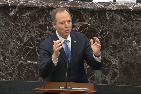 In this image from video, House impeachment manager Rep. Adam Schiff, D-Calif., answers a question during the impeachment trial against President Donald Trump in the Senate at the U.S. Capitol in Washington, Thursday, Jan. 30 2020. (Senate Television via AP)