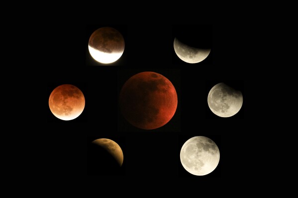 This combination of photos shows the moon in various stages of a total lunar eclipse during the first blood moon of the year in Temple City, Calif. May 15, 2022. (AP Photo/Ringo H.W. Chiu)