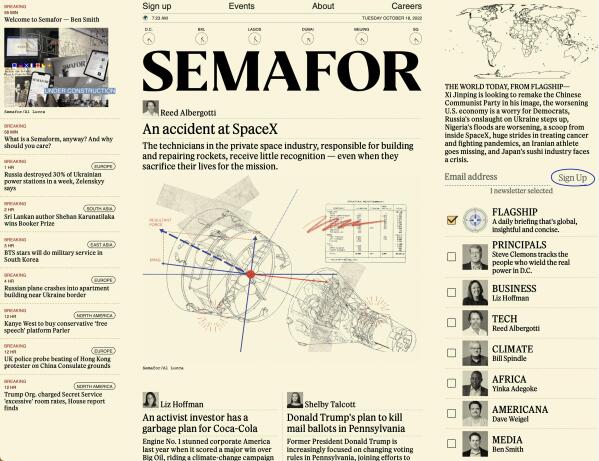 This image shows the homepage for the new Semafor news website. Semafor says it plans to structure stories to make clear what is news, and what is analysis or opinion. (Semafor via AP)