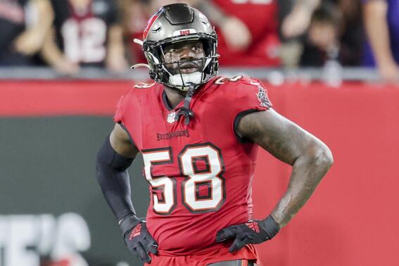 Tampa Bay Buccaneers linebacker Shaquil Barrett (58) looks a the scoreboard during a NFL football game against the Baltimore Ravens on Oct. 27, 2022 in Tampa, Fla. The 2-year-old daughter of Tampa Bay Buccaneers linebacker Barrett drowned in a swimming pool at the family’s home on Sunday, May 1, 2023, police said. (AP Photo/Alex Menendez)