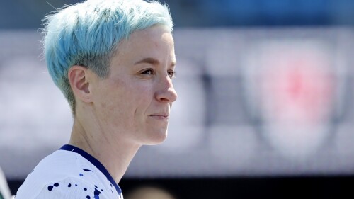 United States' Megan Rapinoe (15) looks on at the end of the second half of a FIFA Women's World Cup send-off soccer match against Wales in San Jose, Calif., Sunday, July 9, 2023. (AP Photo/Josie Lepe)