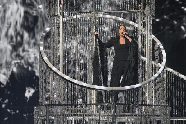 Yuval Raphael from Israel performs the song "New Day Will Rise" during the second semi-final of the 69th Eurovision Song Contest, in Basel, Switzerland, Thursday, May 15, 2025. (AP Photo/Martin Meissner)