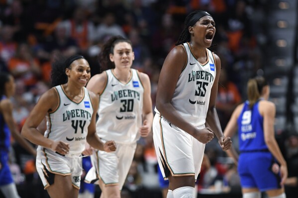 New York Liberty forward Jonquel Jones (35) reacts during the second half of Game 4 of a WNBA basketball semifinal playoff series against the Connecticut Sun, Sunday, Oct. 1, 2023, in Uncasville, Conn. (AP Photo/Jessica Hill)