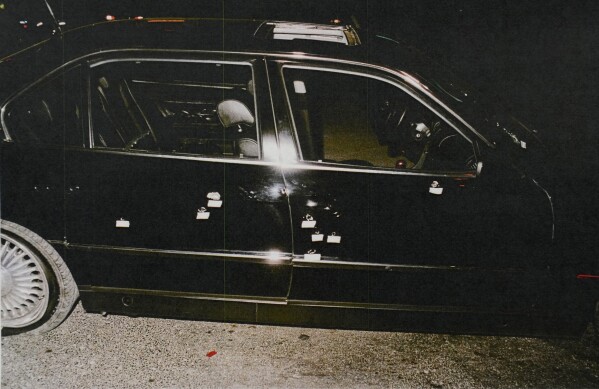 This photo provided by the Las Vegas Metropolitan Police Department shows the bullet-riddled car in which rapper Tupac Shakur was fatally shot in September 1996, in Las Vegas. Duane "Keffe D" Davis, 60, was arrested Sept. 29, 2023, and charged with orchestrating the drive-by shooting of Shakur near the Las Vegas Strip that also wounded rap music mogul Marion “Suge” Knight. (Las Vegas Metropolitan Police Department via AP)