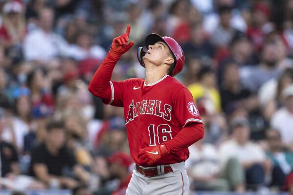 Los Angeles Angels' Mickey Moniak celebrates after hitting a solo home run off Seattle Mariners starting pitcher Chris Flexen during the fourth inning of the second game of a baseball doubleheader, Saturday, Aug. 6, 2022, in Seattle. (AP Photo/Stephen Brashear)
