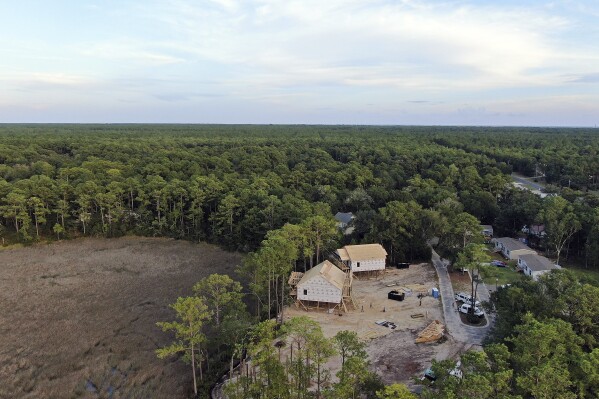 Homes are under construction near wetlands, left, in Oak Island, N.C., Tuesday, Aug. 29, 2023. The Biden Administration weakened protections for wetlands on Tuesday, a win for developers and agricultural groups in some states. (AP Photo/Karl B DeBlaker)