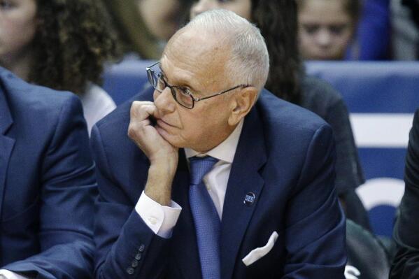 FILE - SMU head coach Larry Brown watches his players from the bench during the first half of an NCAA college basketball game against Cincinnati on March 6, 2016, in Cincinnati. Brown, the legendary basketball coach who won titles in the NCAA and the NBA, is taking a leave of absence as his role as the special advisor to Memphis coach Penny Hardaway because of a “minor medical issue”, the school announced Sunday, Oct. 30, 2022. (AP Photo/John Minchillo, File)