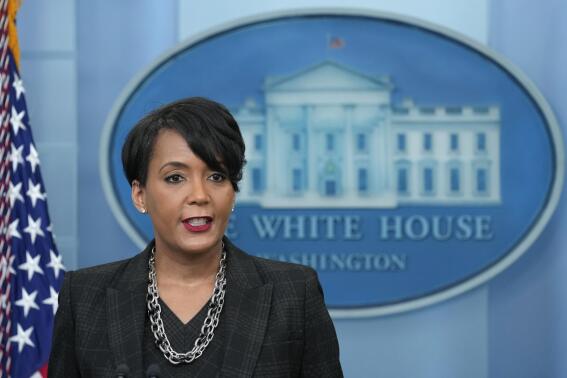 FILE - Senior Adviser to President Biden for Public engagement Keisha Lance Bottoms speaks during the daily briefing at the White House in Washington, Jan. 13, 2023. President Joe Biden on Monday announced the appointment of former Columbia, South Carolina, Mayor Steve Benjamin, as a top adviser, filling a key White House role from a state that has become crucial to the Democratic Party ahead of the 2024 election cycle. Keisha Lance Bottoms, who had assumed the role in June and is returning to Atlanta, officials said. (AP Photo/Susan Walsh, File)
